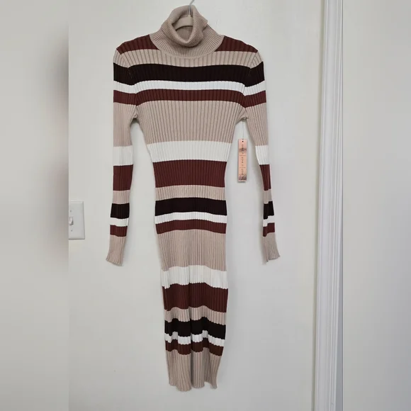 Neutral Tone Striped Ribbed Turtleneck Bodycon Dress Size M - Picture 11 of 11